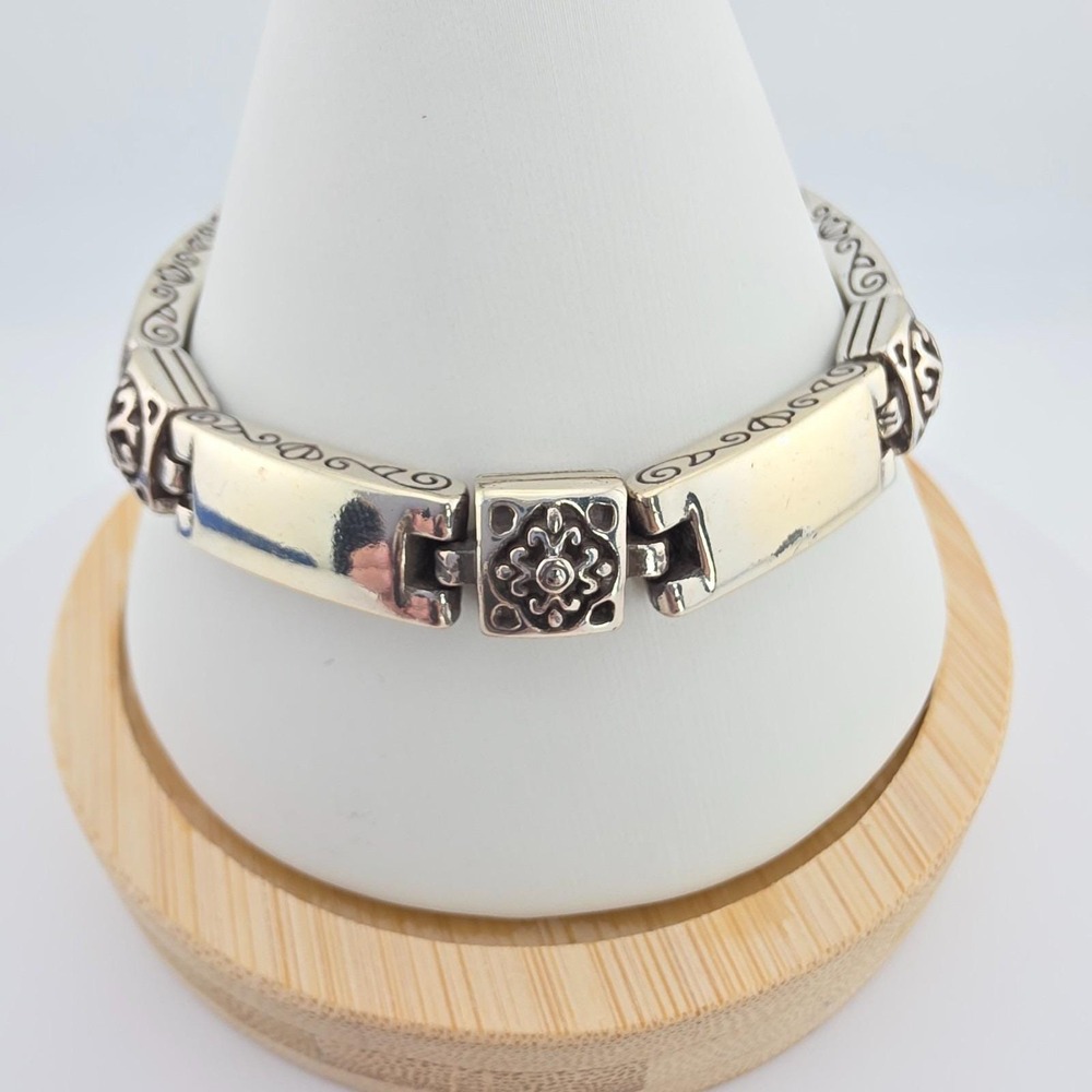 BRIGHTON 'Tribeca' Bracelet Fleur-de-Lis Scrollwork Bar Link Silver Plate 8"